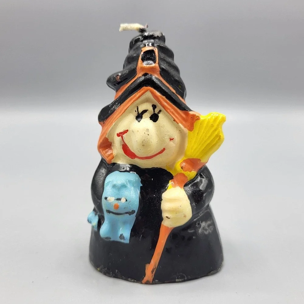 Vintage Halloween Spooky Witch Candle Figurine Small Black Orange 4